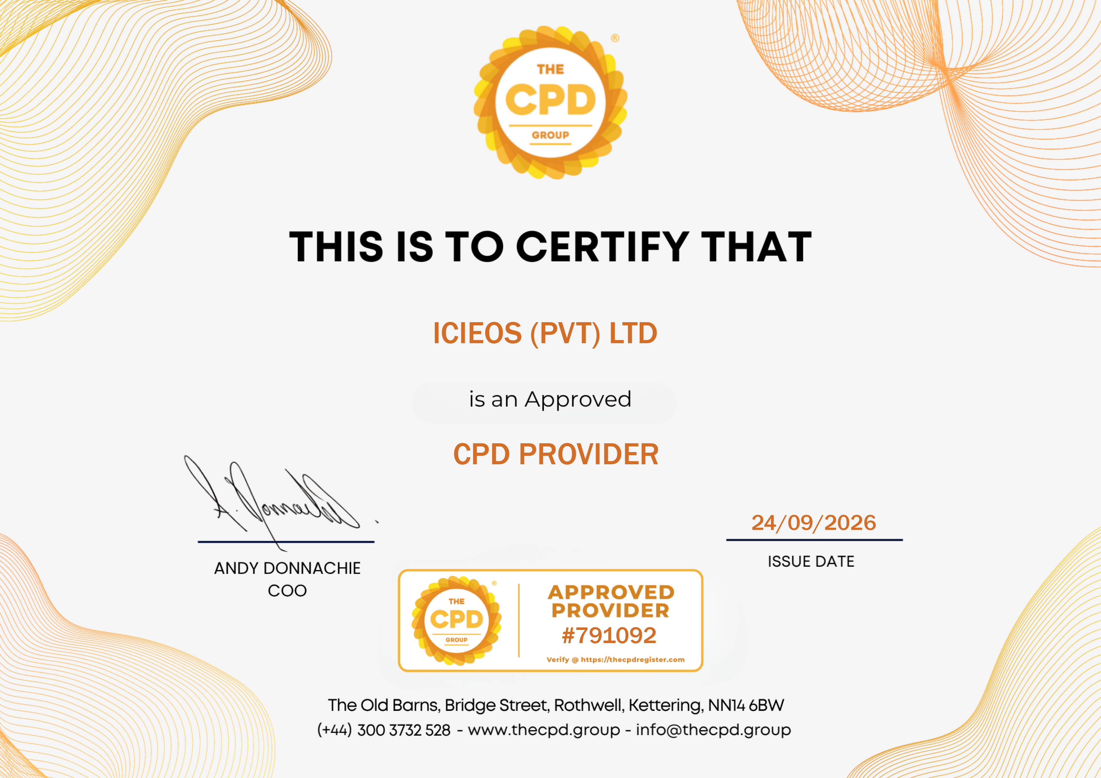 Preview of the CPD accreditation certificate for ICIEOS (PVT) LTD